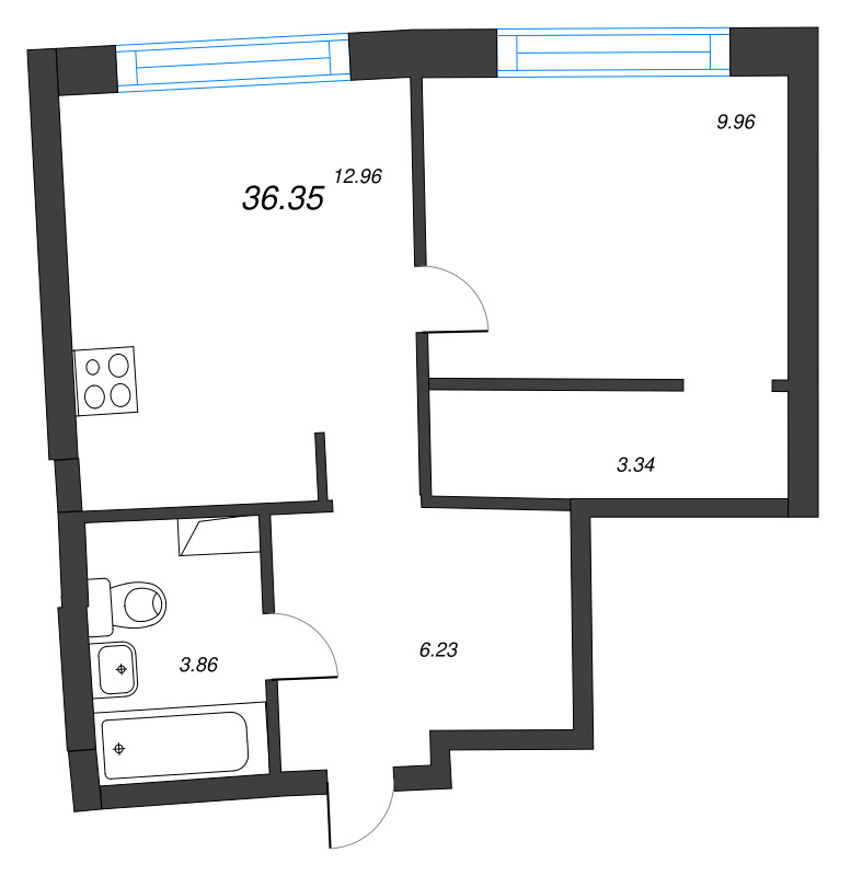 1-комнатная квартира, 36.35 м² - планировка, фото №1