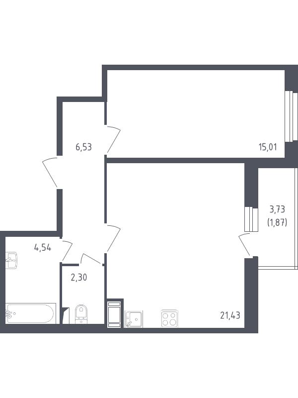 2-комнатная (Евро) квартира, 51.68 м² в ЖК "Астрид" - планировка, фото №1