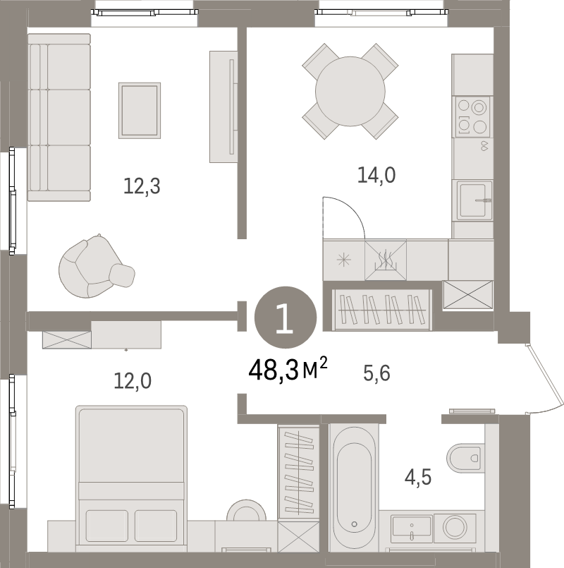 2-комнатная квартира, 48.3 м² - планировка, фото №1