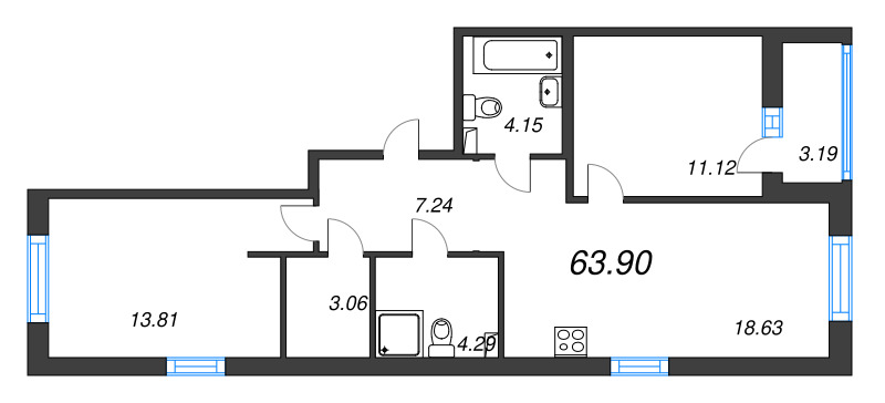 3-комнатная (Евро) квартира, 63.9 м² в ЖК "Энфилд" - планировка, фото №1