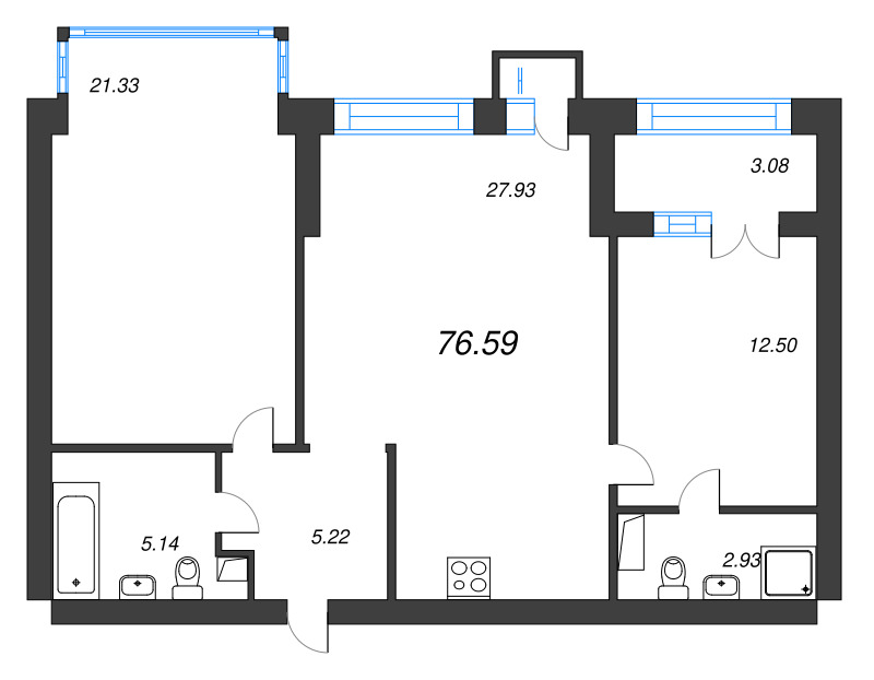 3-комнатная (Евро) квартира, 80.2 м² - планировка, фото №1