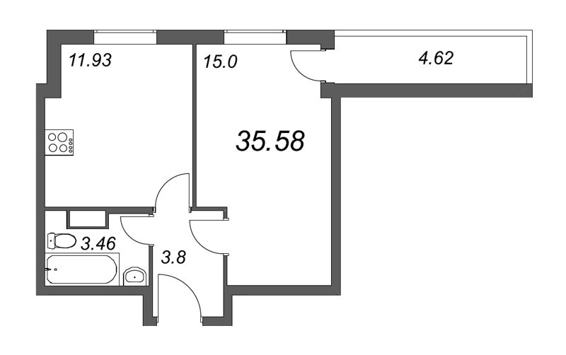 1-комнатная квартира, 35.58 м² в ЖК "Тандем" - планировка, фото №1