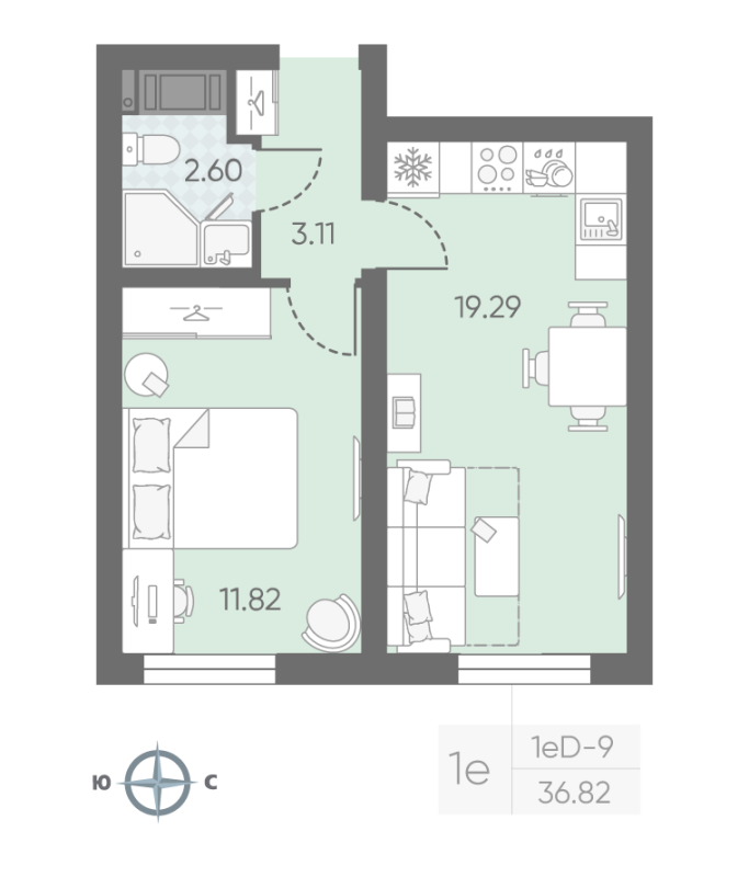 2-комнатная (Евро) квартира, 35.15 м² в ЖК "Морская миля" - планировка, фото №1
