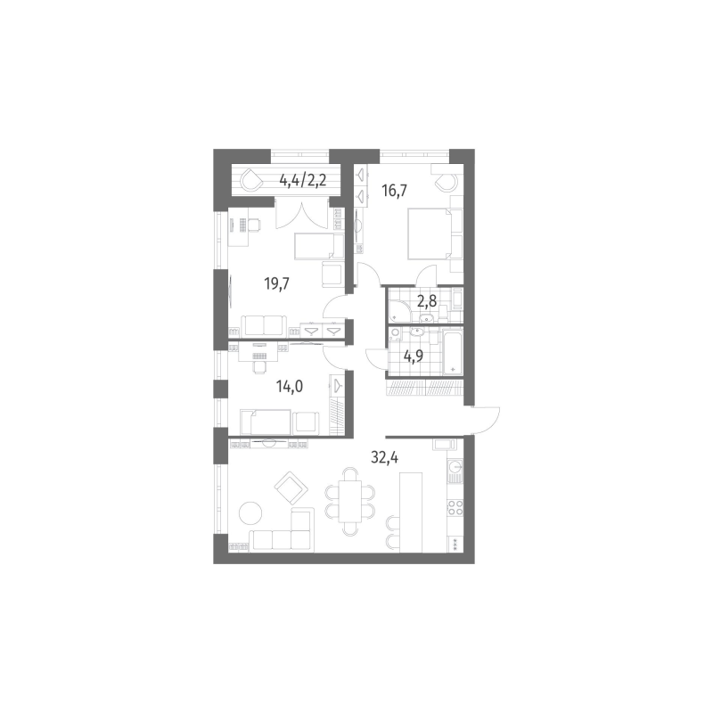 4-комнатная (Евро) квартира, 104.59 м² в ЖК "Наука" - планировка, фото №1