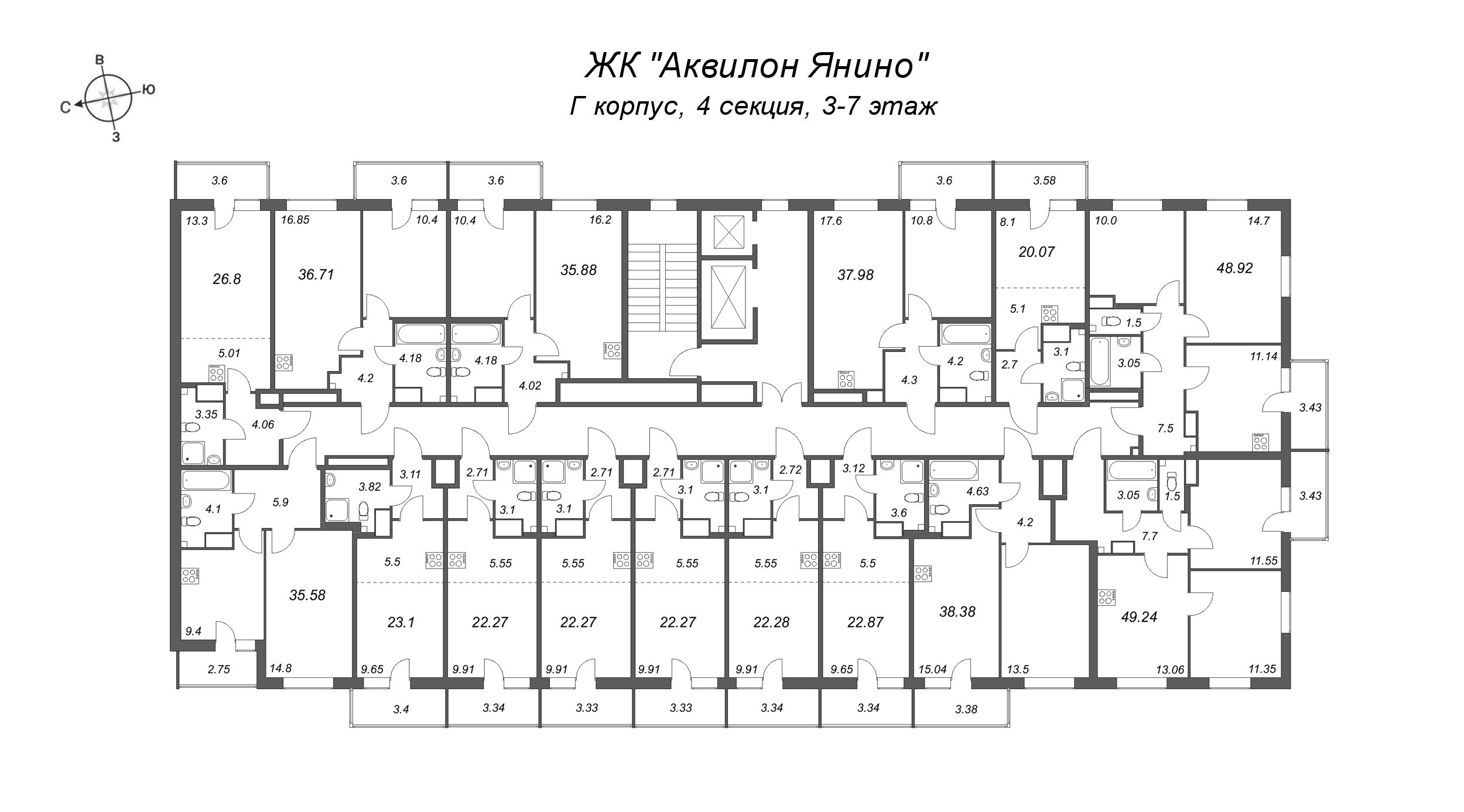 2-комнатная (Евро) квартира, 35.88 м² - планировка этажа