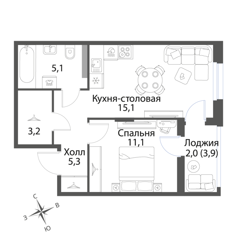 2-комнатная (Евро) квартира, 41.8 м² в ЖК "Экография" - планировка, фото №1