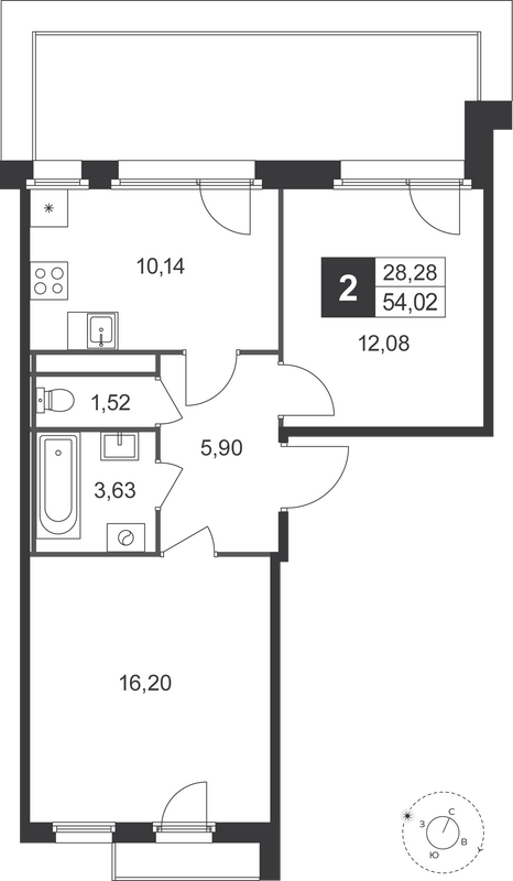 2-комнатная квартира, 54.02 м² в ЖК "Слобода" - планировка, фото №1