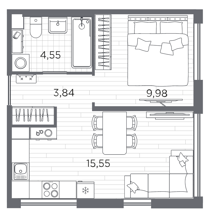 2-комнатная (Евро) квартира, 33.92 м² в ЖК "PLUS Пулковский" - планировка, фото №1