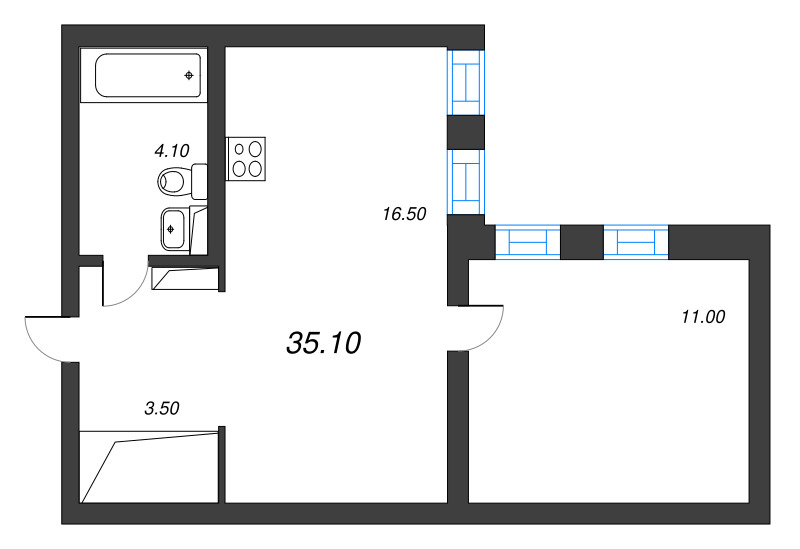 2-комнатная (Евро) квартира, 35.1 м² в ЖК "Эко Квартал Нега" - планировка, фото №1