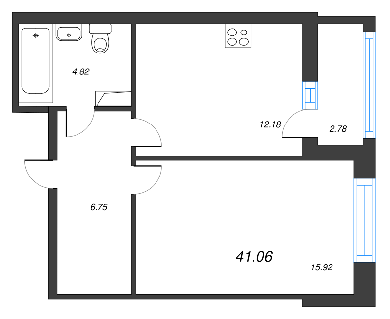 1-комнатная квартира, 41.06 м² - планировка, фото №1