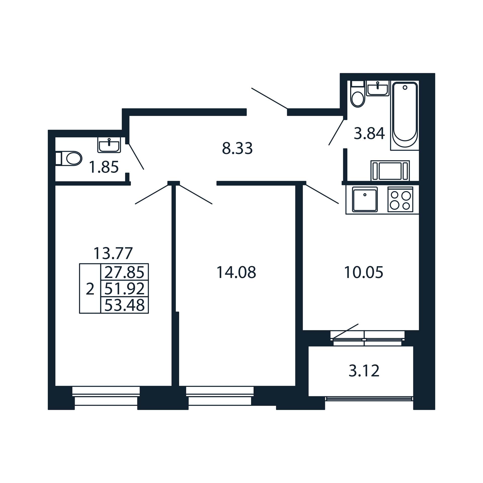 2-комнатная квартира, 51.92 м² в ЖК "Полис Новоселье" - планировка, фото №1