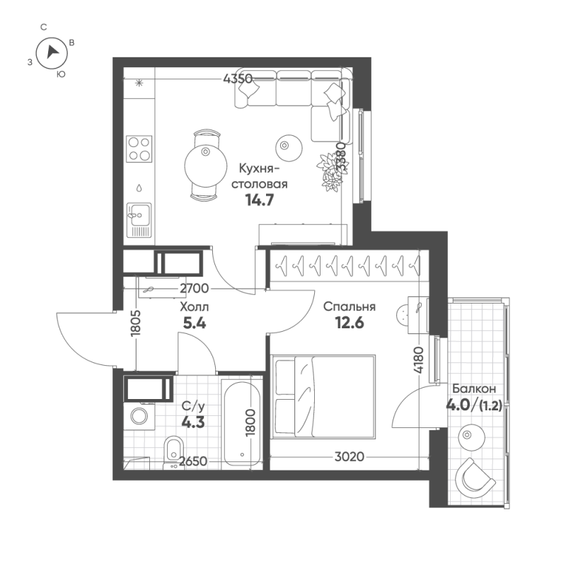 1-комнатная квартира, 38.2 м² в ЖК "Клюква.Парк" - планировка, фото №1