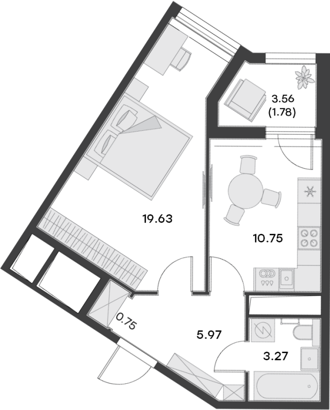1-комнатная квартира, 42.15 м² - планировка, фото №1