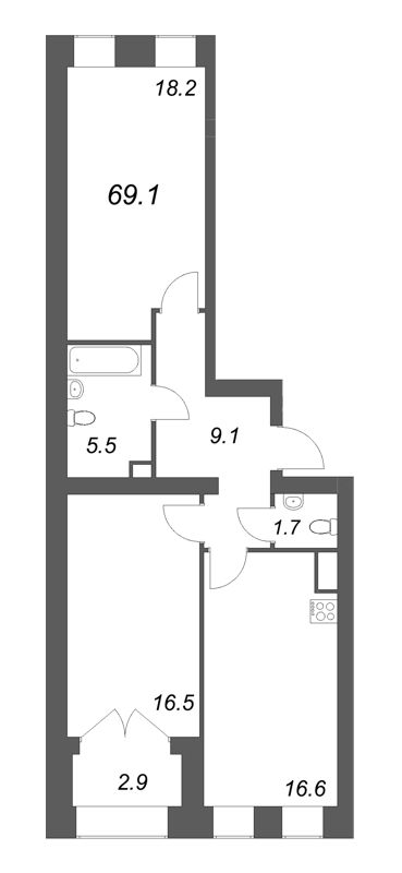 3-комнатная (Евро) квартира, 69.1 м² - планировка, фото №1