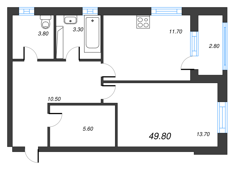 1-комнатная квартира, 50 м² - планировка, фото №1