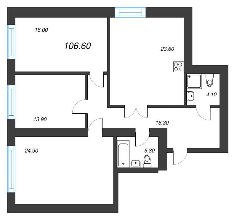 3-комнатная квартира, 106.6 м² в ЖК "Листва" - планировка, фото №1