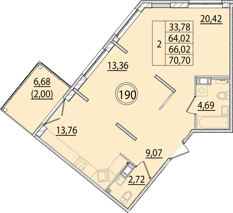 2-комнатная квартира, 64.02 м² - планировка, фото №1