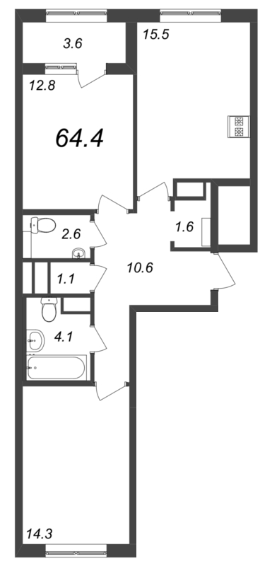 2-комнатная квартира, 64.3 м² - планировка, фото №1