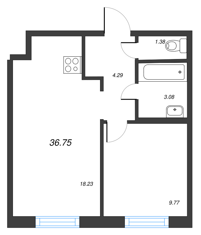 2-комнатная (Евро) квартира, 36.75 м² - планировка, фото №1
