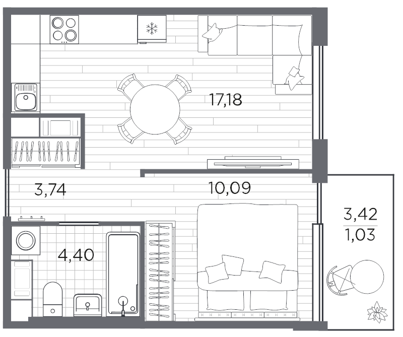 2-комнатная (Евро) квартира, 36.44 м² в ЖК "PLUS Пулковский" - планировка, фото №1