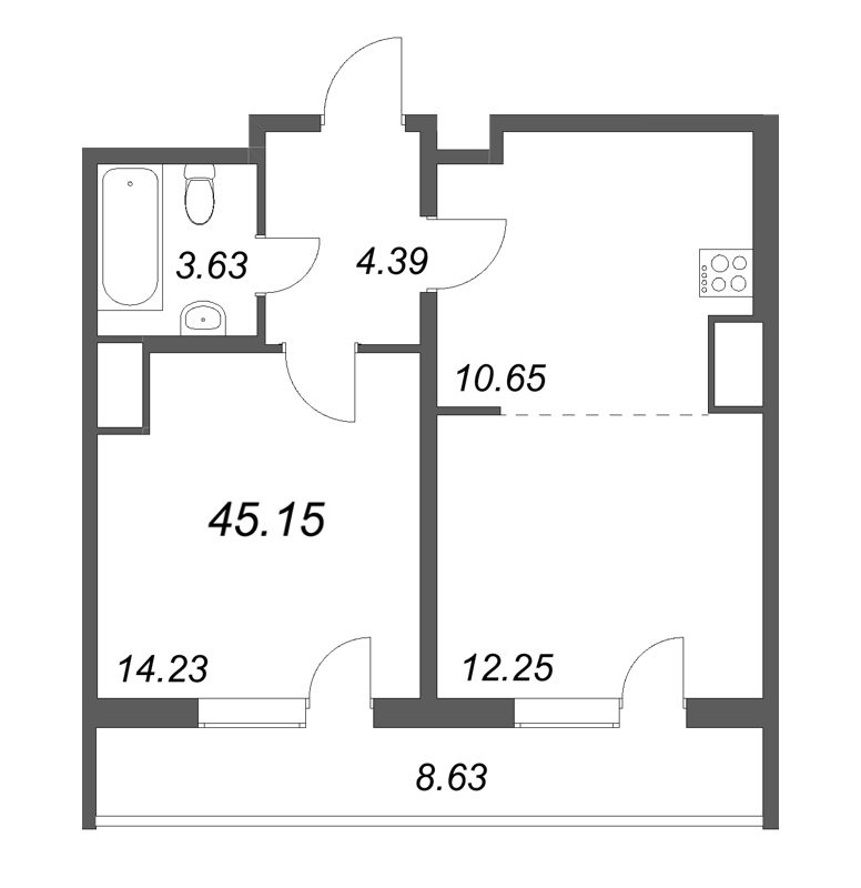 2-комнатная (Евро) квартира, 45.15 м² - планировка, фото №1