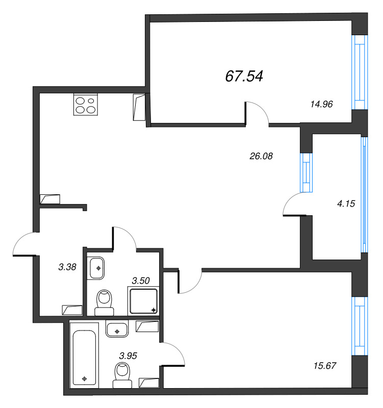 3-комнатная (Евро) квартира, 67.54 м² - планировка, фото №1
