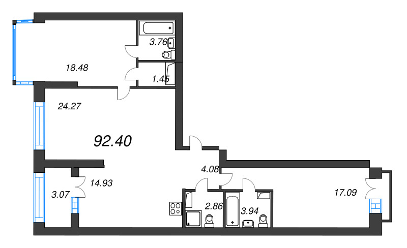 3-комнатная квартира, 97.7 м² - планировка, фото №1