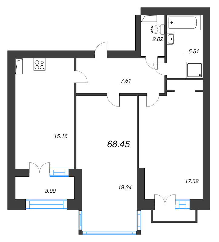 3-комнатная (Евро) квартира, 71.5 м² в ЖК "Наука" - планировка, фото №1