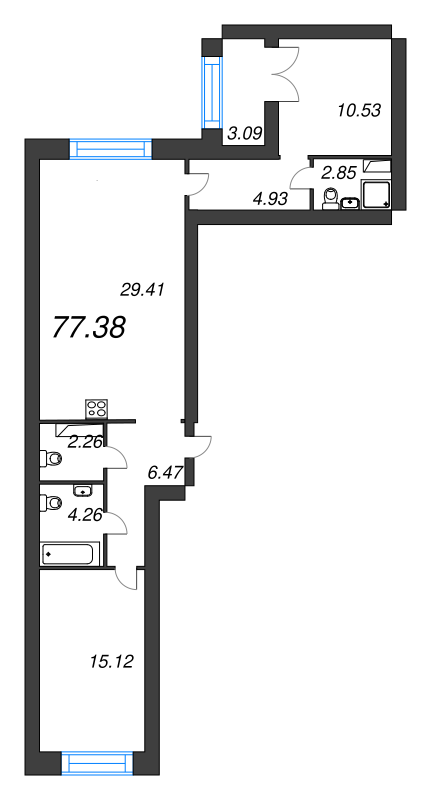 2-комнатная квартира, 77.38 м² - планировка, фото №1
