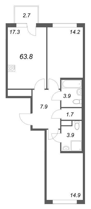 3-комнатная (Евро) квартира, 63.8 м² в ЖК "Гений" - планировка, фото №1