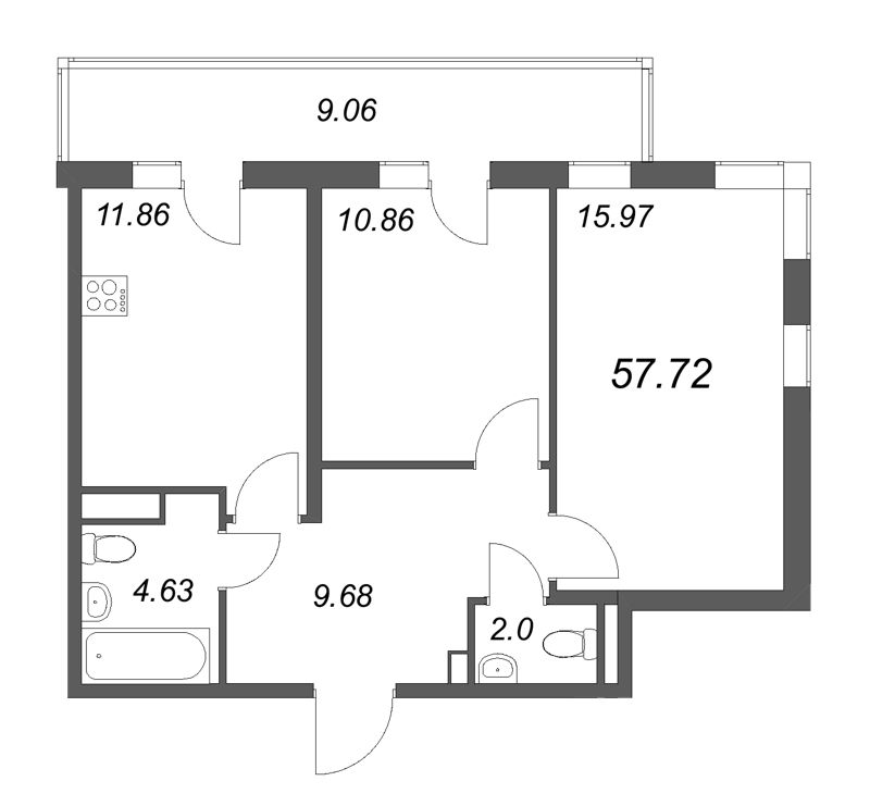 2-комнатная квартира, 57.72 м² в ЖК "Новая история" - планировка, фото №1