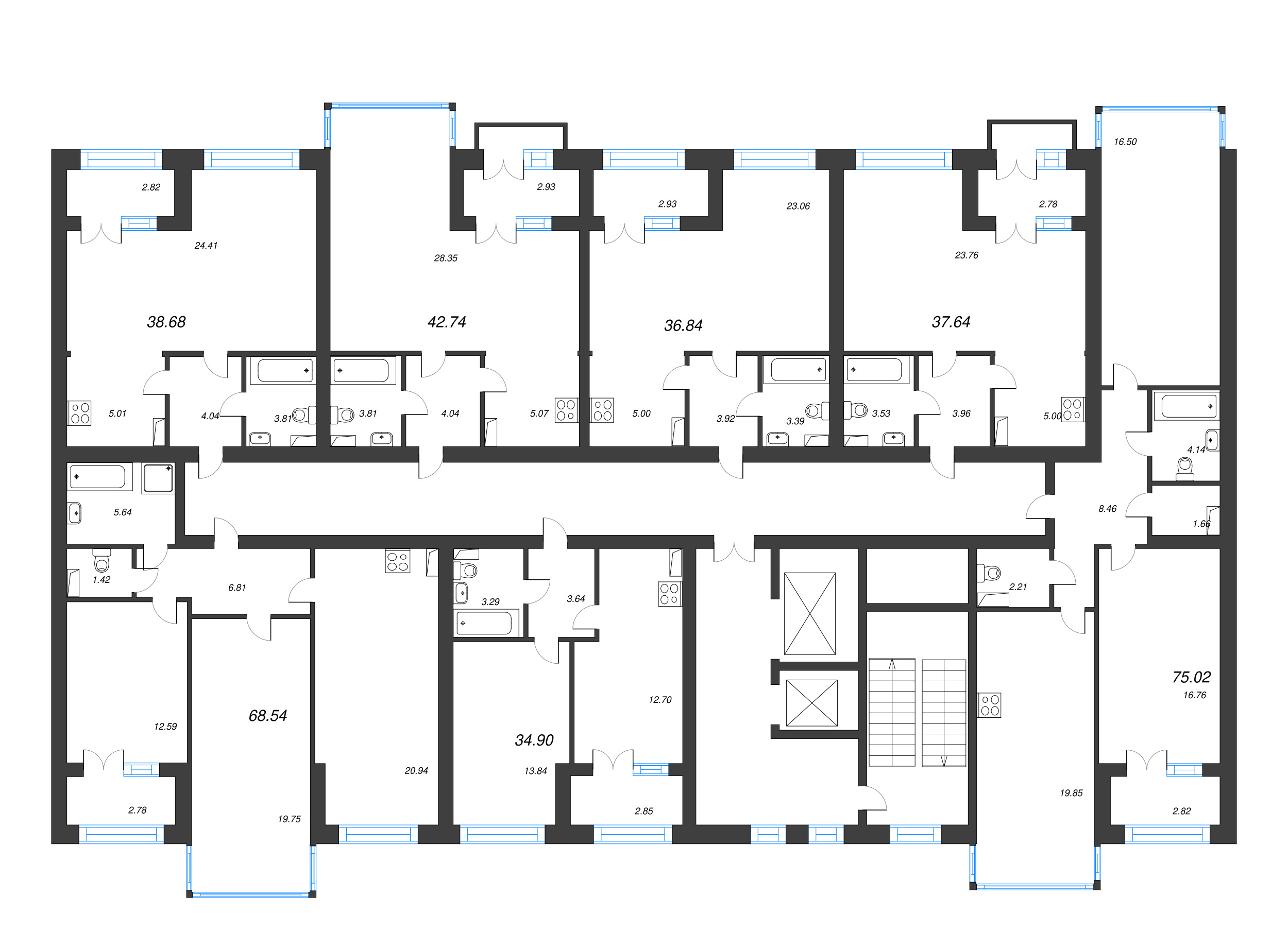 1-комнатная квартира, 42.74 м² - планировка этажа