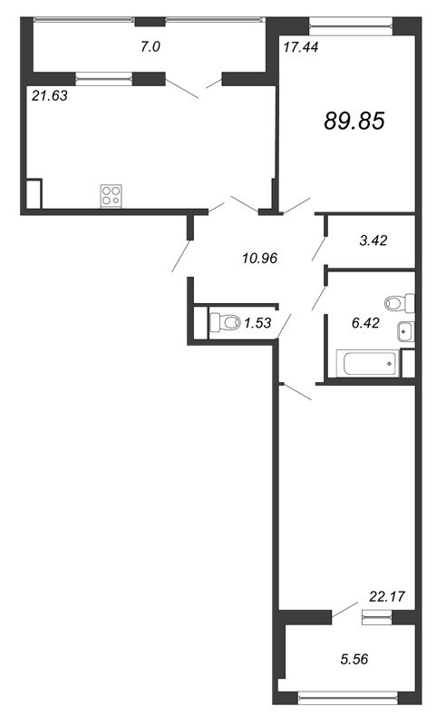 2-комнатная квартира, 89.3 м² - планировка, фото №1