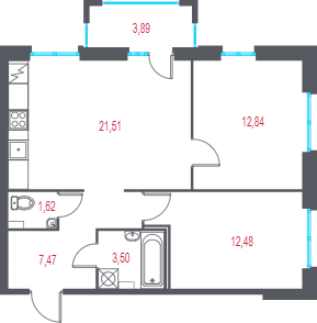 3-комнатная (Евро) квартира, 60.59 м² в ЖК "Город-спутник Южный" - планировка, фото №1
