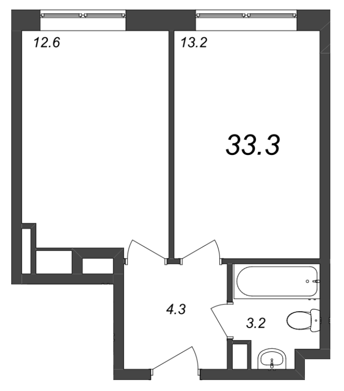 1-комнатная квартира, 33.75 м² - планировка, фото №1