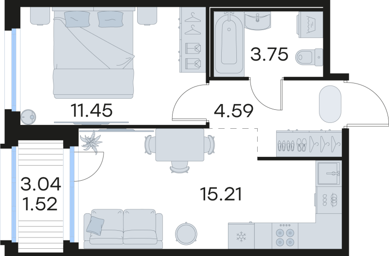 2-комнатная (Евро) квартира, 36.52 м² в ЖК "GloraX Парголово" - планировка, фото №1
