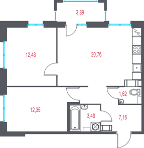 3-комнатная (Евро) квартира, 59.02 м² - планировка, фото №1