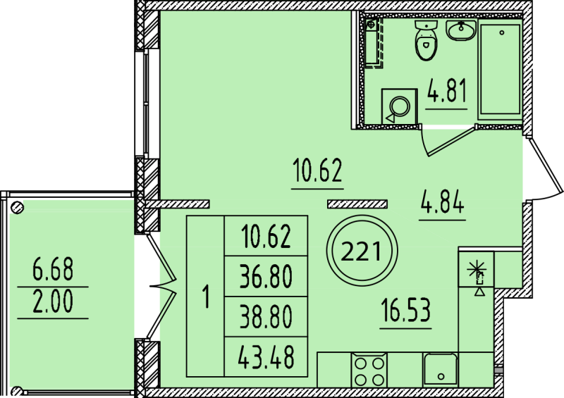 2-комнатная (Евро) квартира, 36.8 м² в ЖК "Образцовый квартал 14" - планировка, фото №1