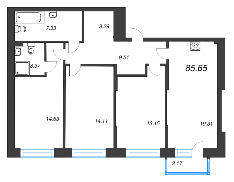 4-комнатная (Евро) квартира, 85.65 м² в ЖК "Охтинские высоты" - планировка, фото №1