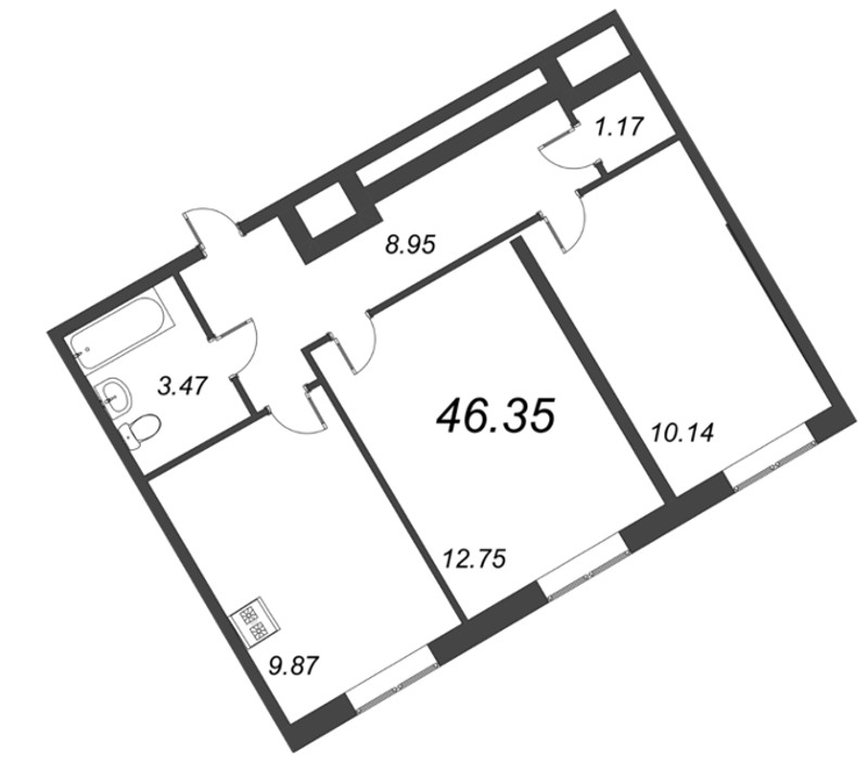 2-комнатная квартира, 46.35 м² - планировка, фото №1