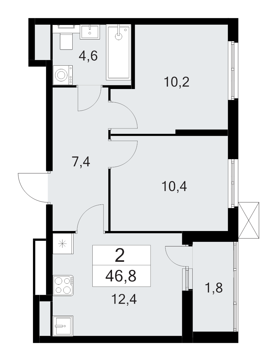 2-комнатная квартира, 46.8 м² - планировка, фото №1