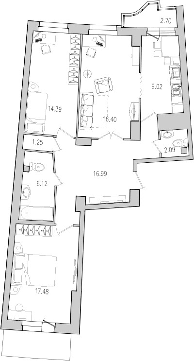 3-комнатная квартира, 86.8 м² в ЖК "Шекспир" - планировка, фото №1