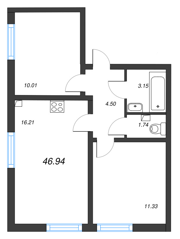 3-комнатная (Евро) квартира, 46.94 м² - планировка, фото №1