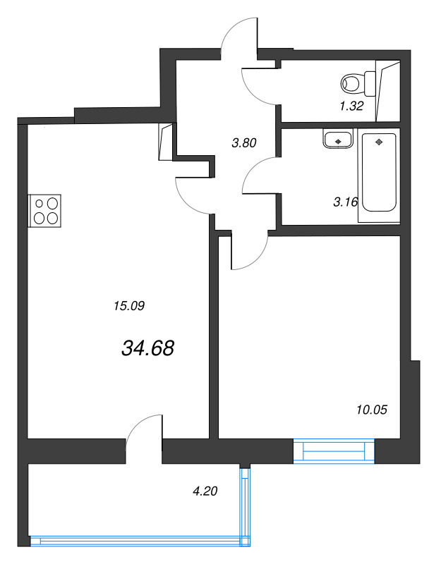 2-комнатная (Евро) квартира, 34.68 м² в ЖК "Аэросити" - планировка, фото №1