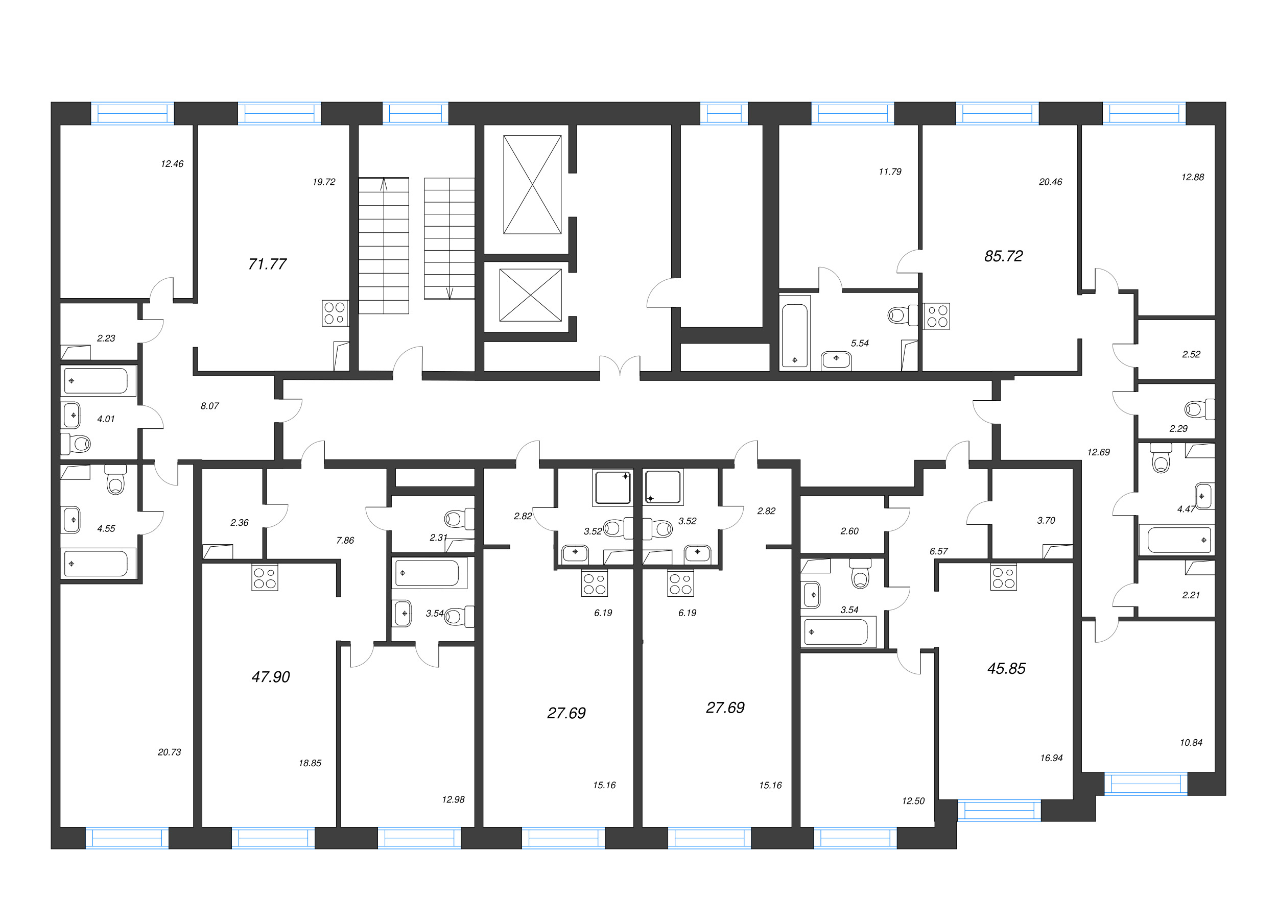 2-комнатная (Евро) квартира, 45.85 м² в ЖК "Остров Первых" - планировка этажа
