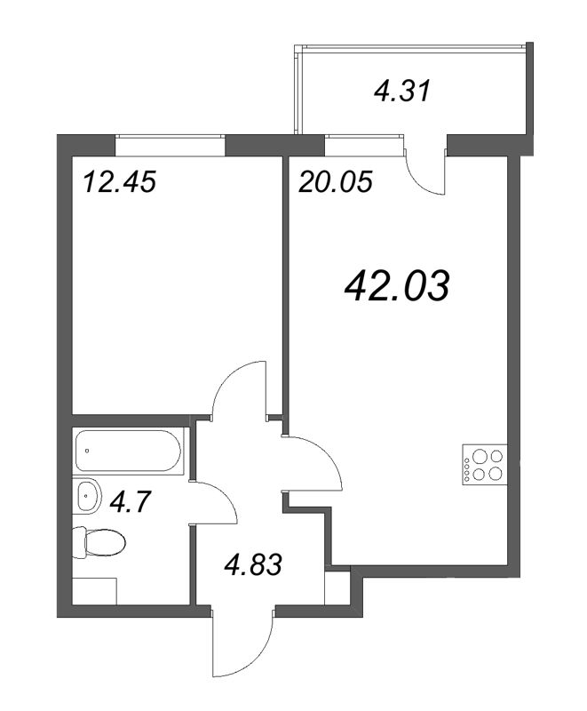 2-комнатная (Евро) квартира, 42.03 м² - планировка, фото №1