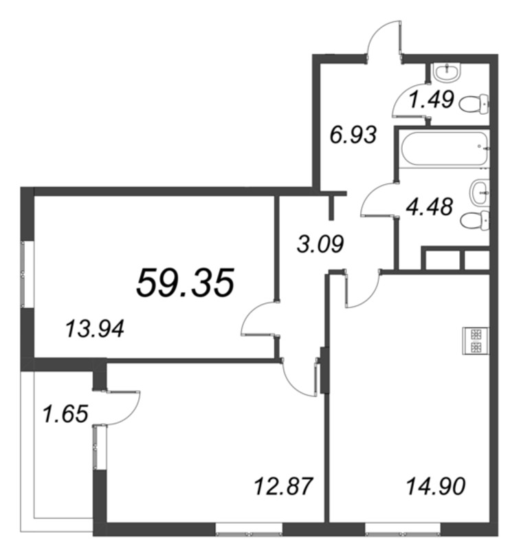 3-комнатная (Евро) квартира, 59.35 м² в ЖК "VEREN NORT сертолово" - планировка, фото №1