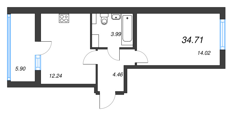 1-комнатная квартира, 34.71 м² - планировка, фото №1