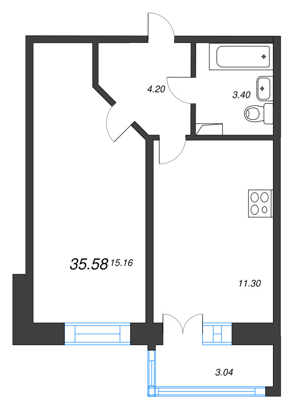 1-комнатная квартира, 35.58 м² в ЖК "Рождественский квартал" - планировка, фото №1
