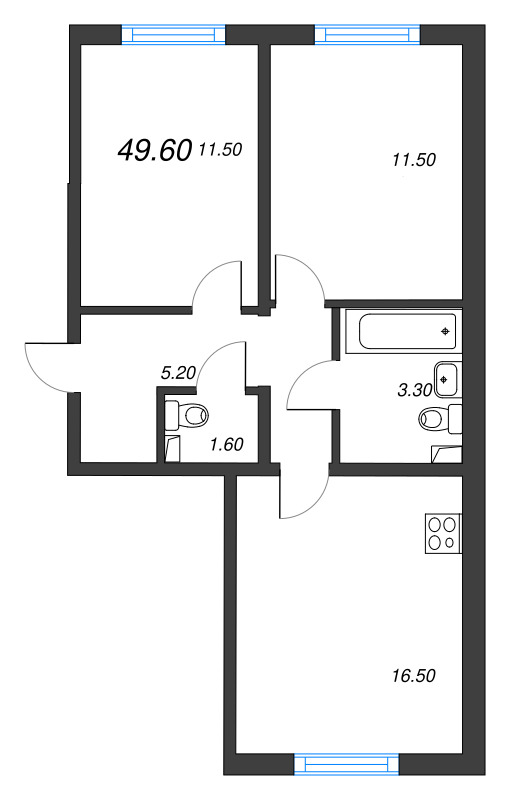 3-комнатная (Евро) квартира, 49.6 м² в ЖК "ЛСР. Ржевский парк" - планировка, фото №1